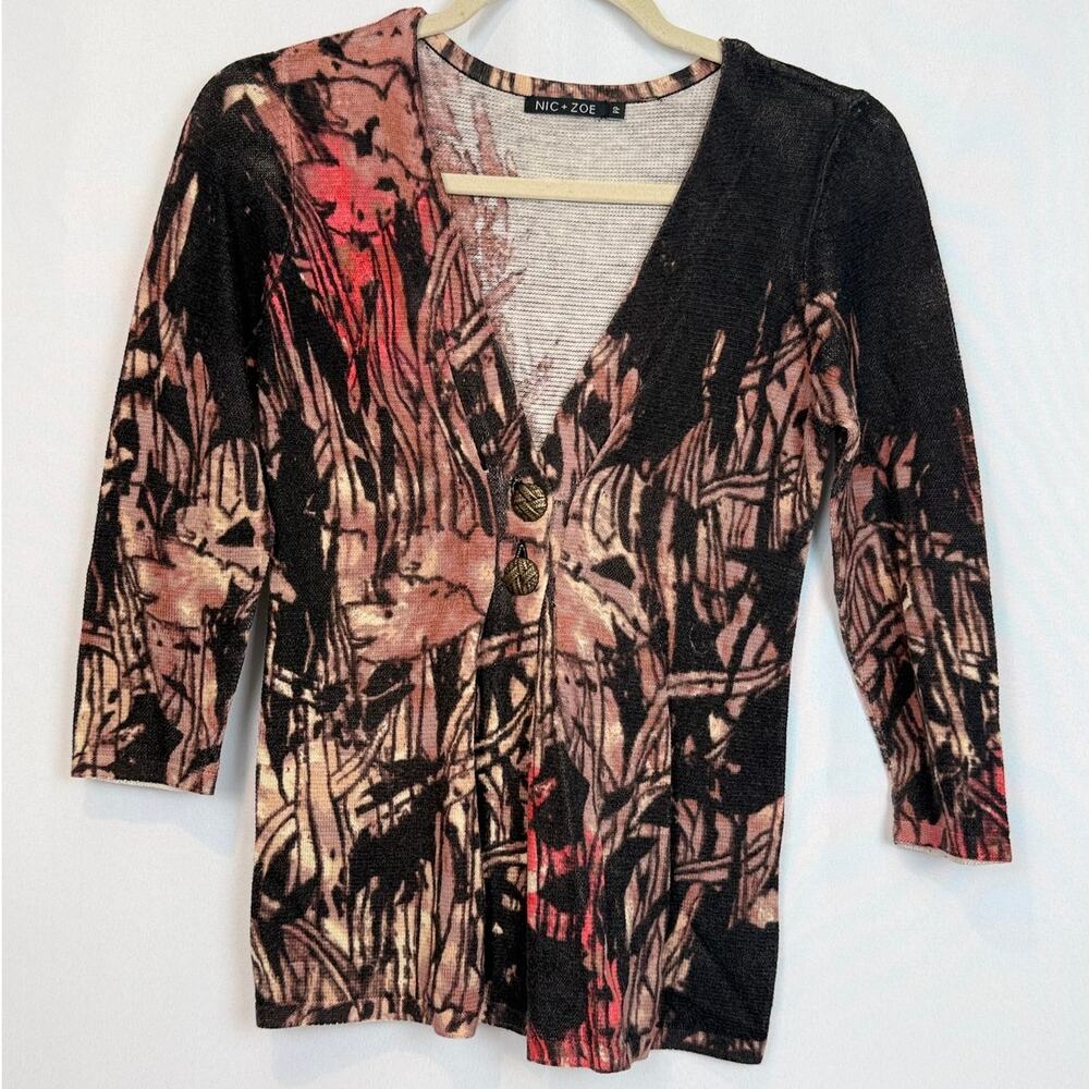 Nic + Zoe Abstract Painterly Print Cardigan Petite 3/4 Sleeve Boho